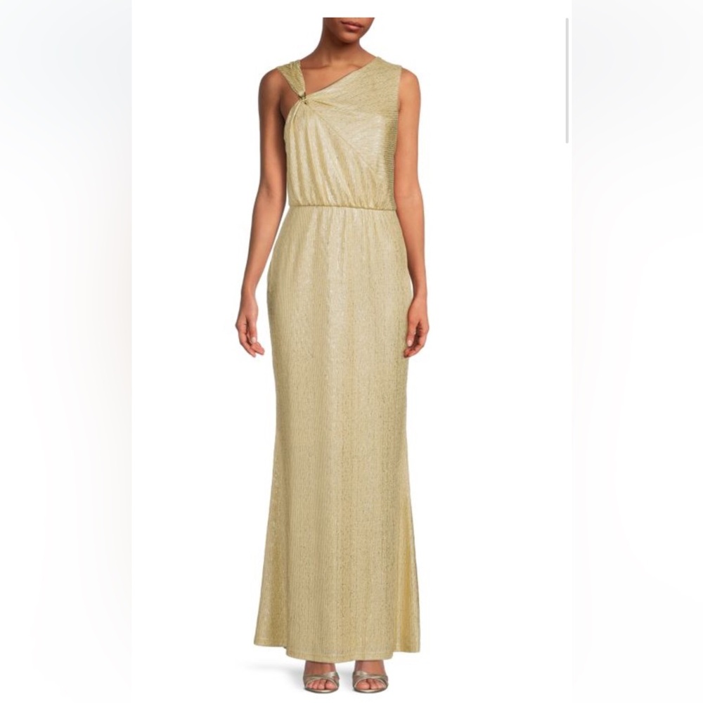 Calvin Klein Asymmetric V Neck Midi Dress Gold